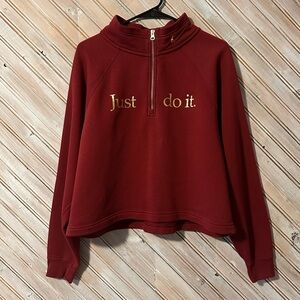 Nike Just Do It Burgundy Half-Zip Sweatshirt Gold Text Crop Style Pullover